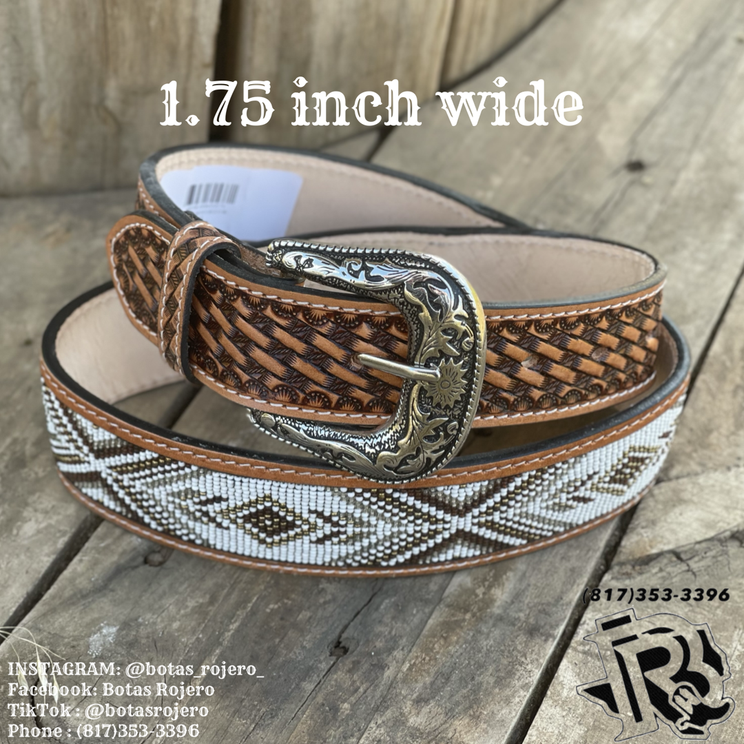 “CODY “| MEN’S WESTERN TOOLED LEATHER BELT BEADED WHITE