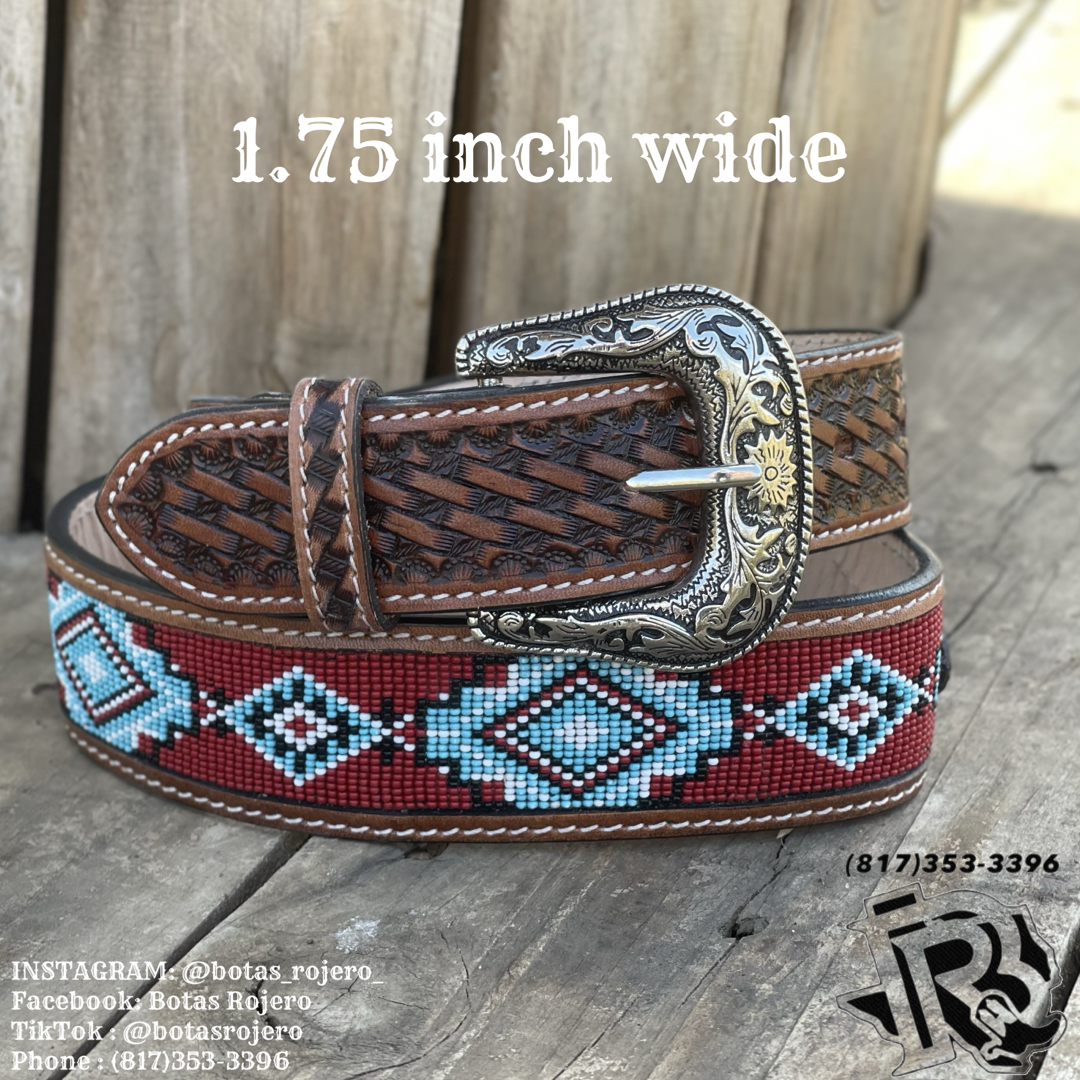 “RUDY”| MENS WESTERN TOOLED LEATHER BELT BEADED RED