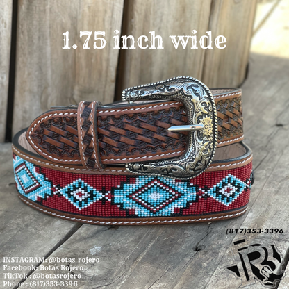 “RUDY”| MENS WESTERN TOOLED LEATHER BELT BEADED RED