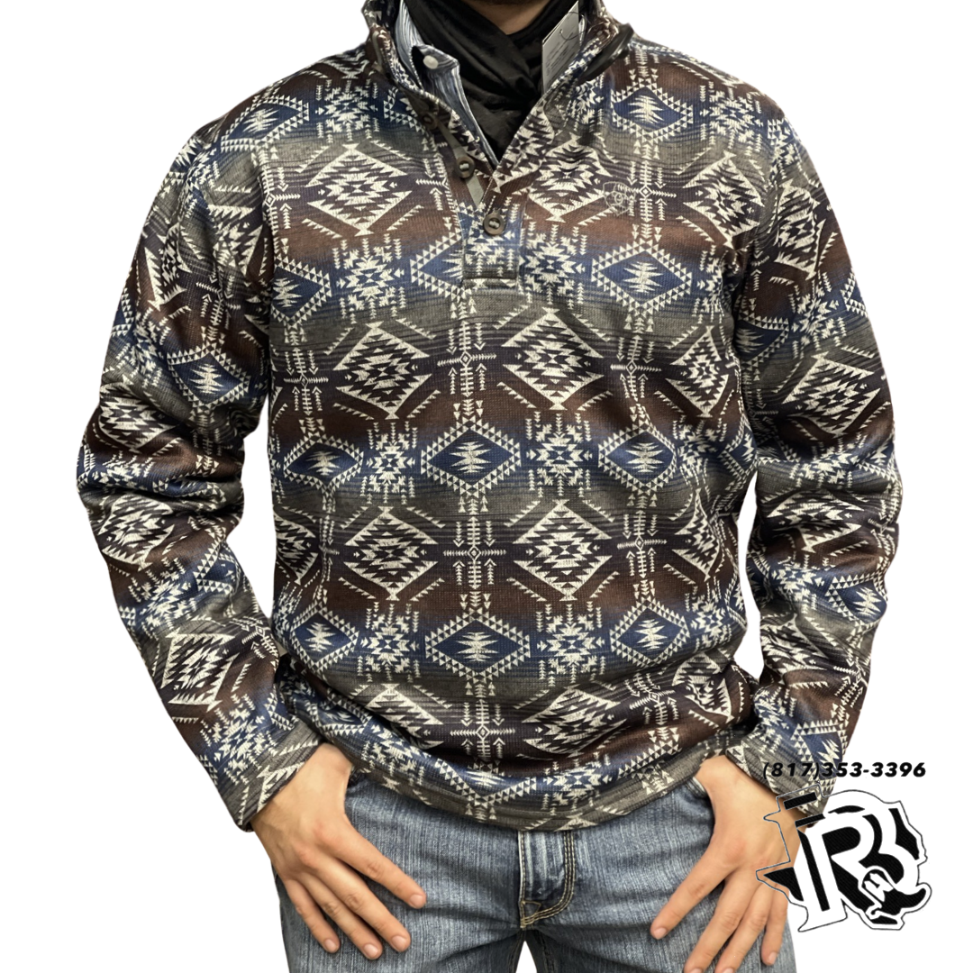 Ariat Men's Wesley Jetty Grey Dark Olive & Navy Aztec 1/4 Button Sweater Pullover| 10046145