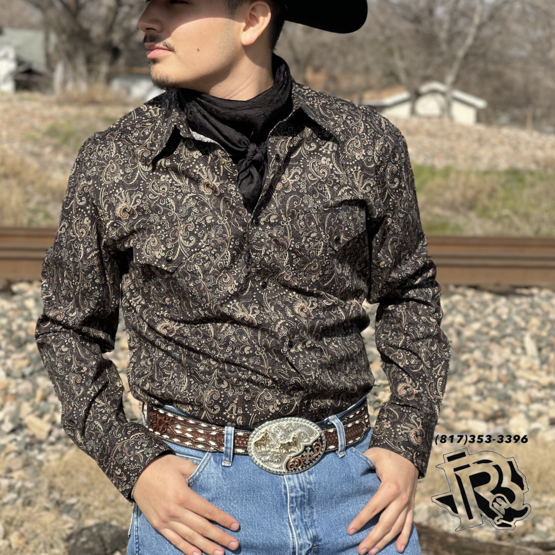 Rock & Roll Denim Men's Black with Brown Paisley Print Long Sleeve Western Shirt | BMN2S02508