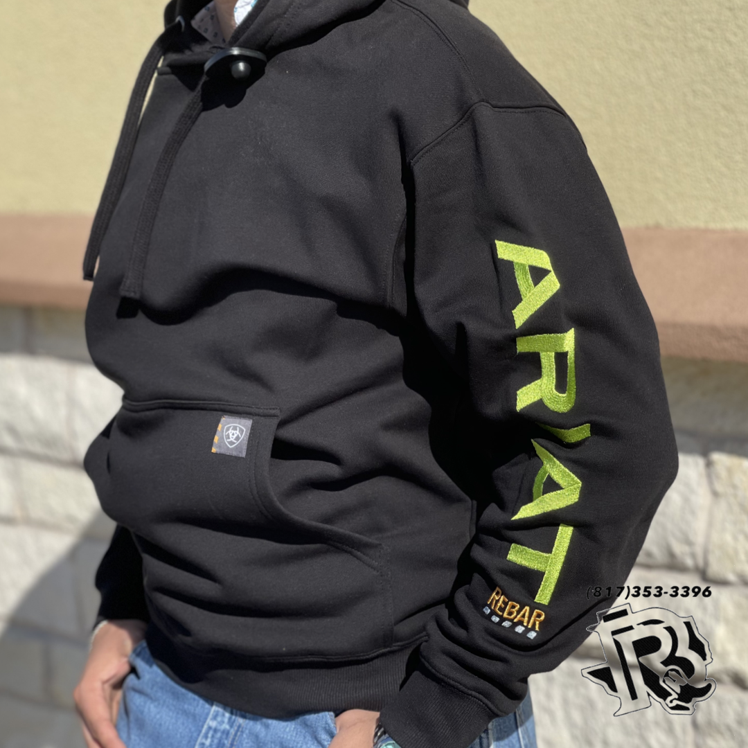 ARIAT MEN'S REBAR BLACK WITH LIME GREEN LOGO PULLOVER HOODIE (10032993)