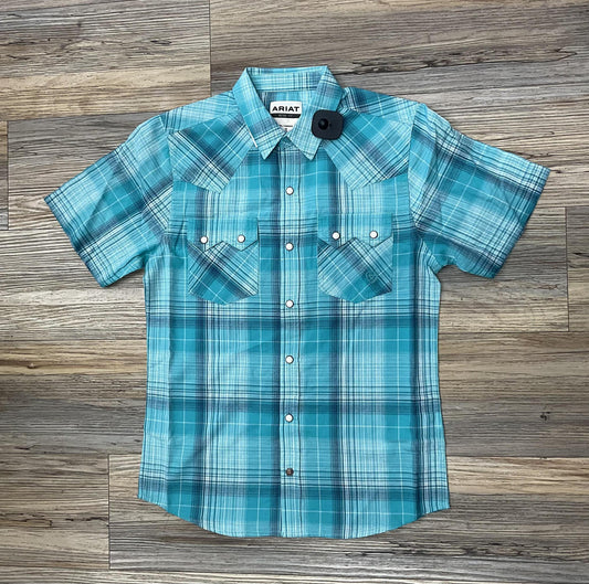 Men’s Ariat haddon retro snap short sleeve winter aqua shirts | 10048498