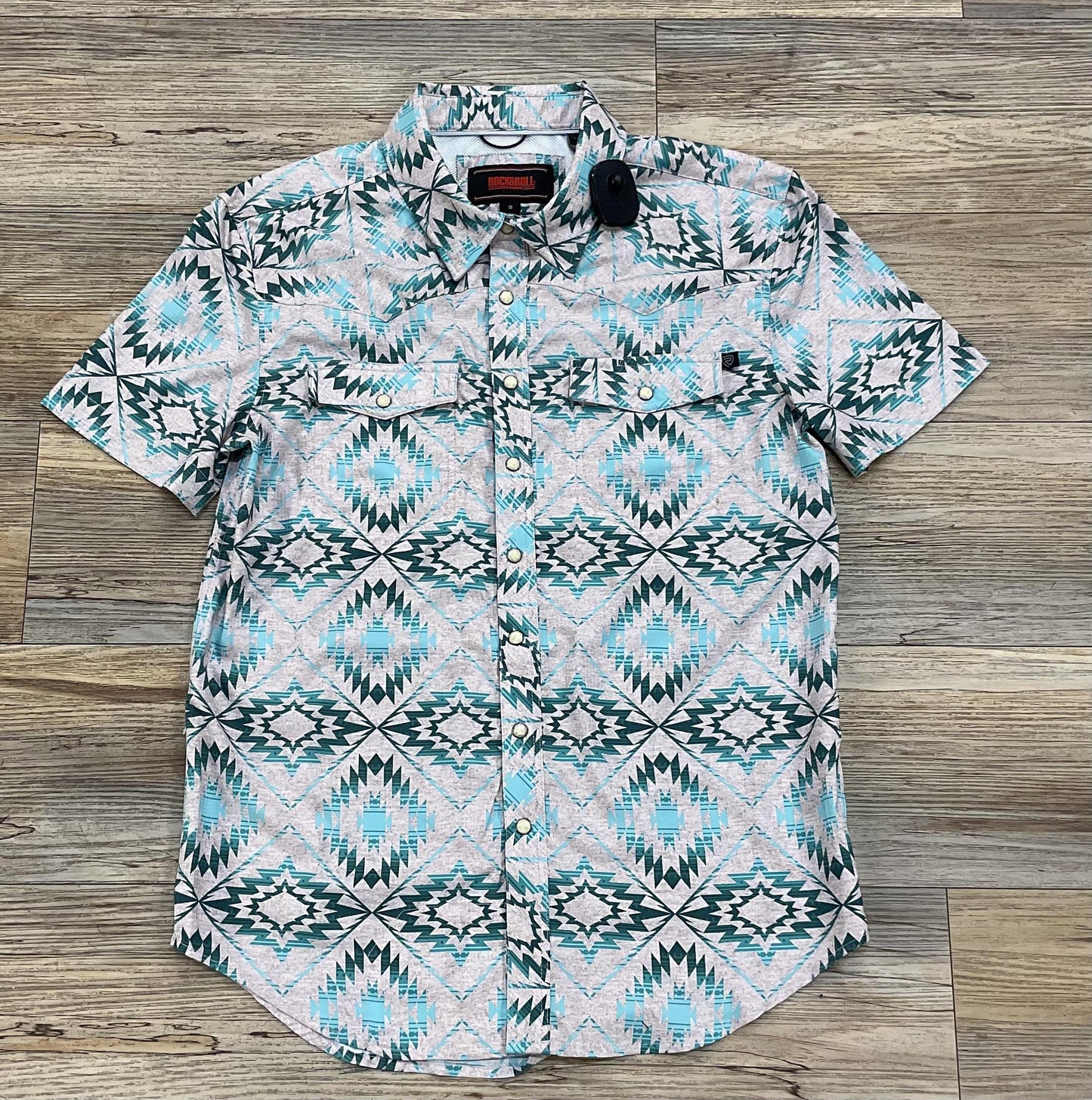 Mens Rock & Roll Tek short sleeve 2 pkt Aztec Snap Teal |BMN3S03381