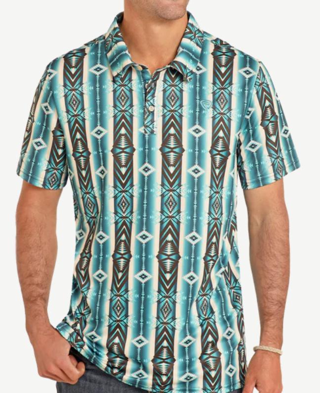 MENS ROCK & ROLL TEAL STRIPED AZTEC POLO | BM51T05026