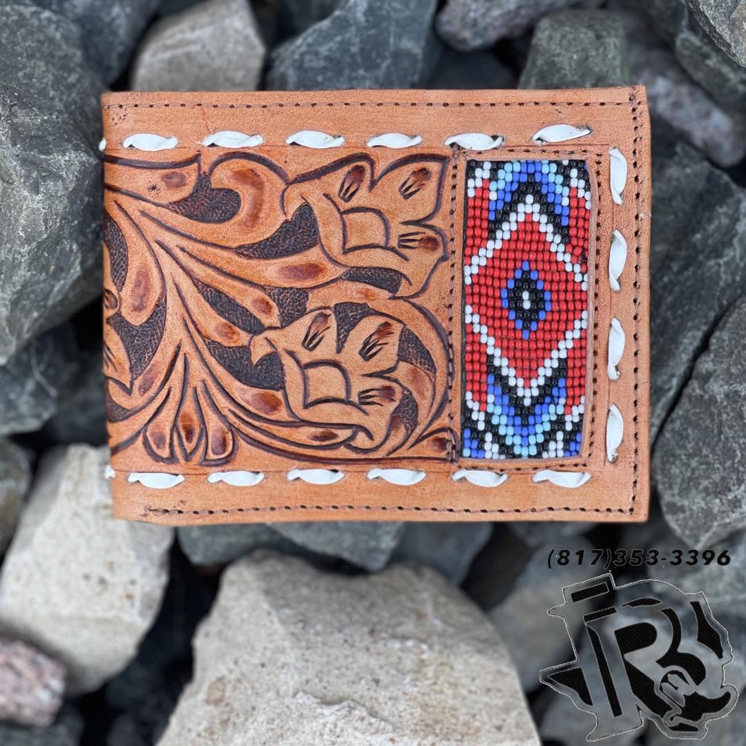 “ JOSEPH  “ | MEN BI FOLD WESTERN TOOLED LEATHER WALLET BEADED TURQUOISE