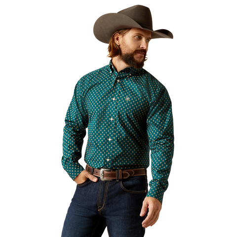 MENS ARIAT WF GROVER FITTED LONG SLEEVE DEEP TEAL SHIRT | 10052382