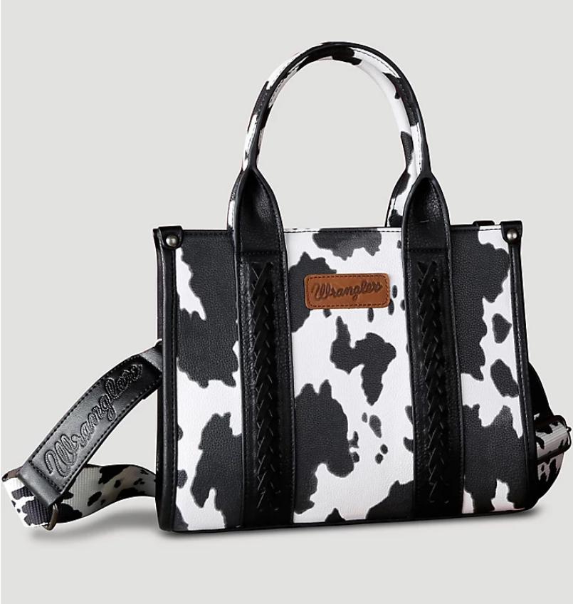 ‘’LIZA’’ WRANGLER ALLOVER COW PRINT CROSS BODY MINI TOTE IN BLACK/WHITE