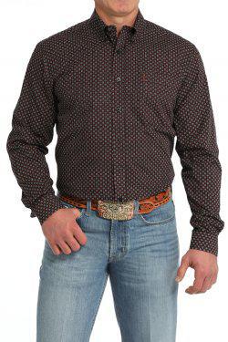 MEN'S MODERN FIT GEOMETRIC PRINT BUTTON-DOWN WESTERN SHIRT - BLACK |MTW1347117