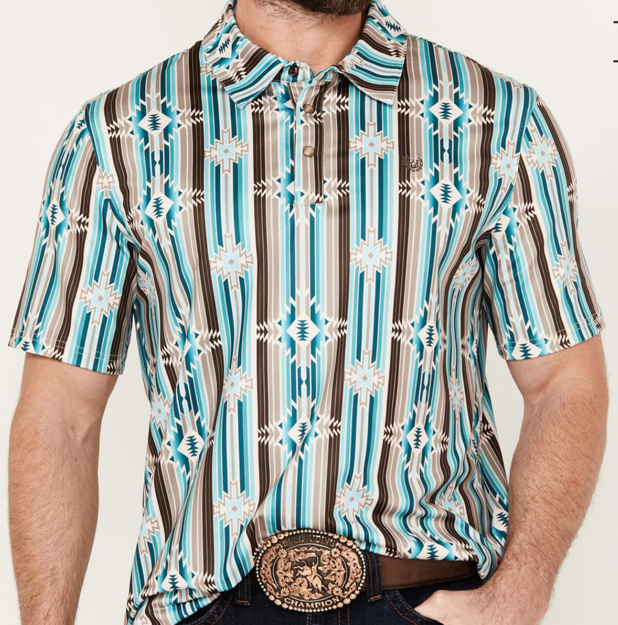 Panhandle Men's Southwestern Striped Print Short Sleeve Performance Turquoise Polo Shirt |TM51T04286