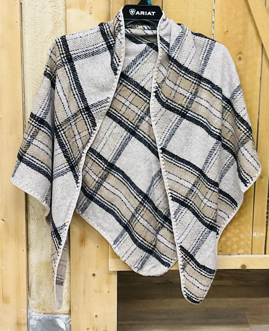 WOMENS PONCHO  BEIGE PLAID