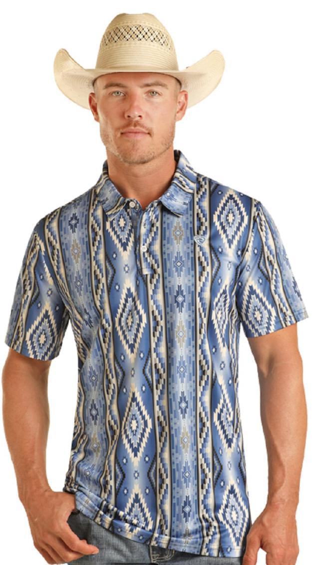 MENS ROCK & ROLL BLUE PRINTED AZTEC POLO | BM51T04452