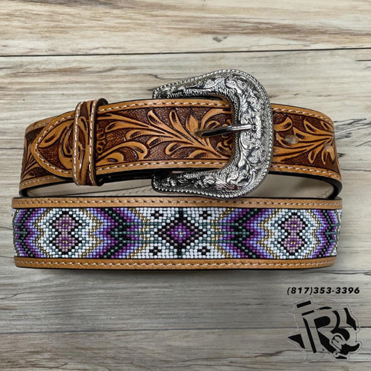 “ CHRIS  “ |  1.5 INCH kids WESTERN TOOLED LEATHER BELT BEADED PURPLE