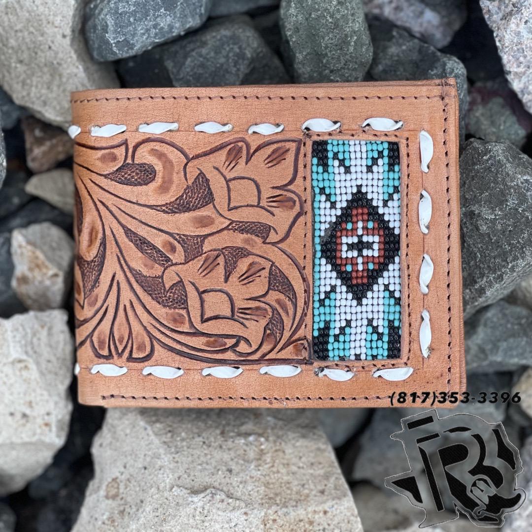 “ OSCAR  “ | MEN BI FOLD WESTERN TOOLED LEATHER WALLET BEADED TURQUOISE