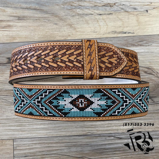 “ Oscar “ | 2 INCH MEN WESTERN TOOLED LEATHER BELT BEADED TURQUOISE