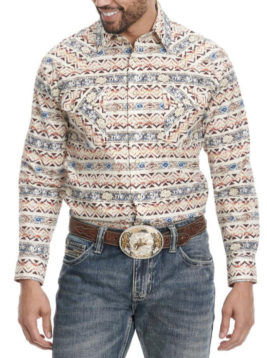 Panhandle Men's Rough Stock Cream & Sunset Aztec Print Long Sleeve Western Shirt | RMN2S02817