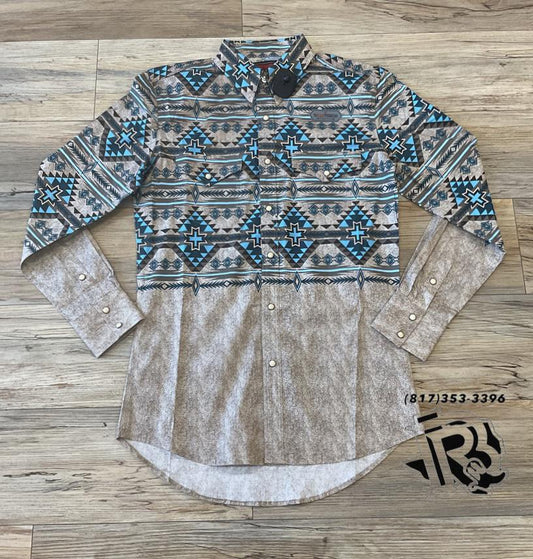 Men’s rock & roll long sleeve 2pkt border woven snap taupe shirt | BMN2S02174