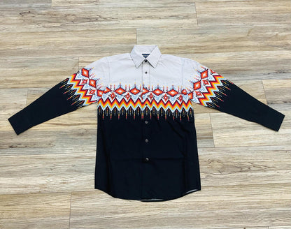 Mens Panhandle long sleeve 2pkt Aztec Border Black Shirt | SMN2S03219