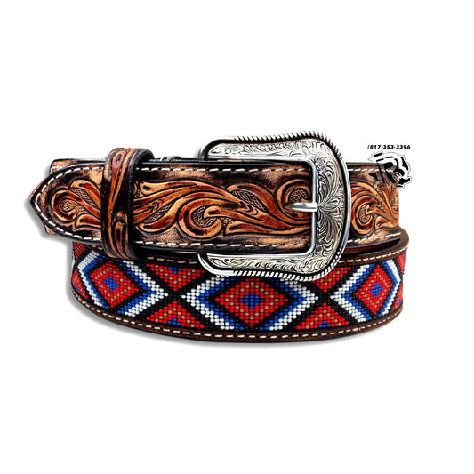 “ Alan “ | Men Western Beaded Belt Red Rust D100013308