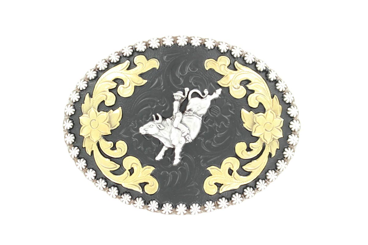 Nocona Western Buckle Oval Bull Rider Black Silver 3704802