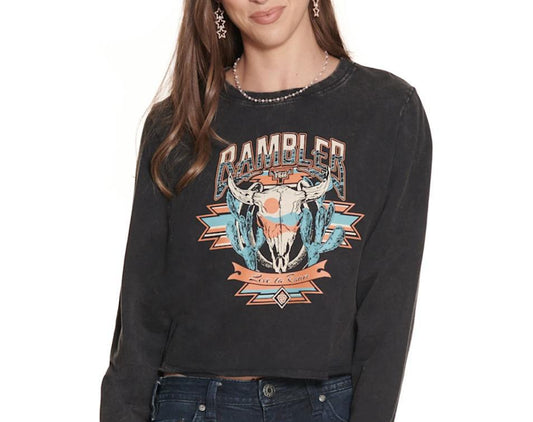 Rock & Roll Denim Women's Washed Black with Skull Rambler Graphic Long Sleeve Pullover