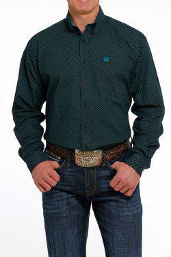 MEN'S GEOMETRIC BUTTON-DOWN WESTERN SHIRT - BLACK / TEAL | MTW1105495