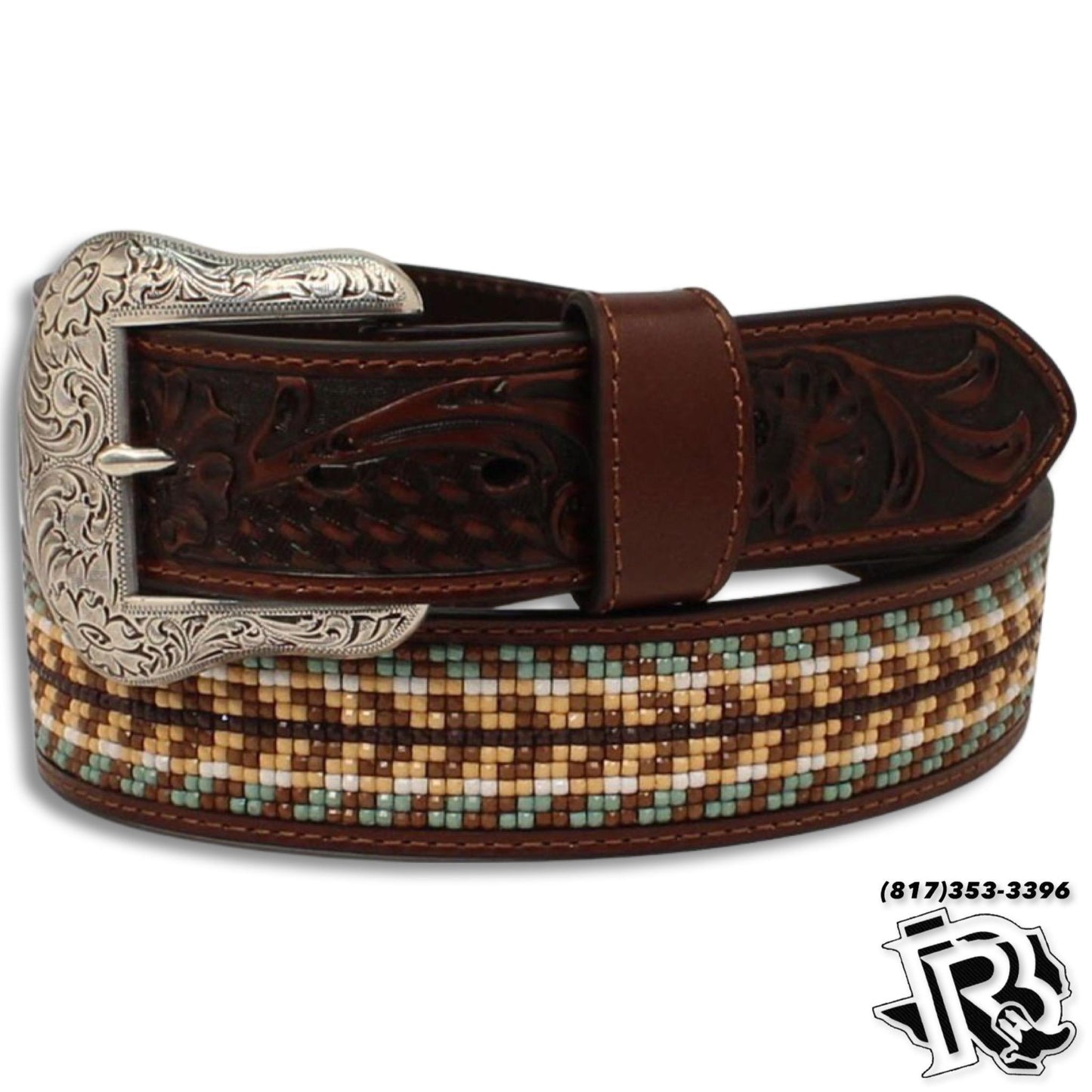 NOCONA MENS | BELT EMBOSSED TABS BEADED INLAY BROWN