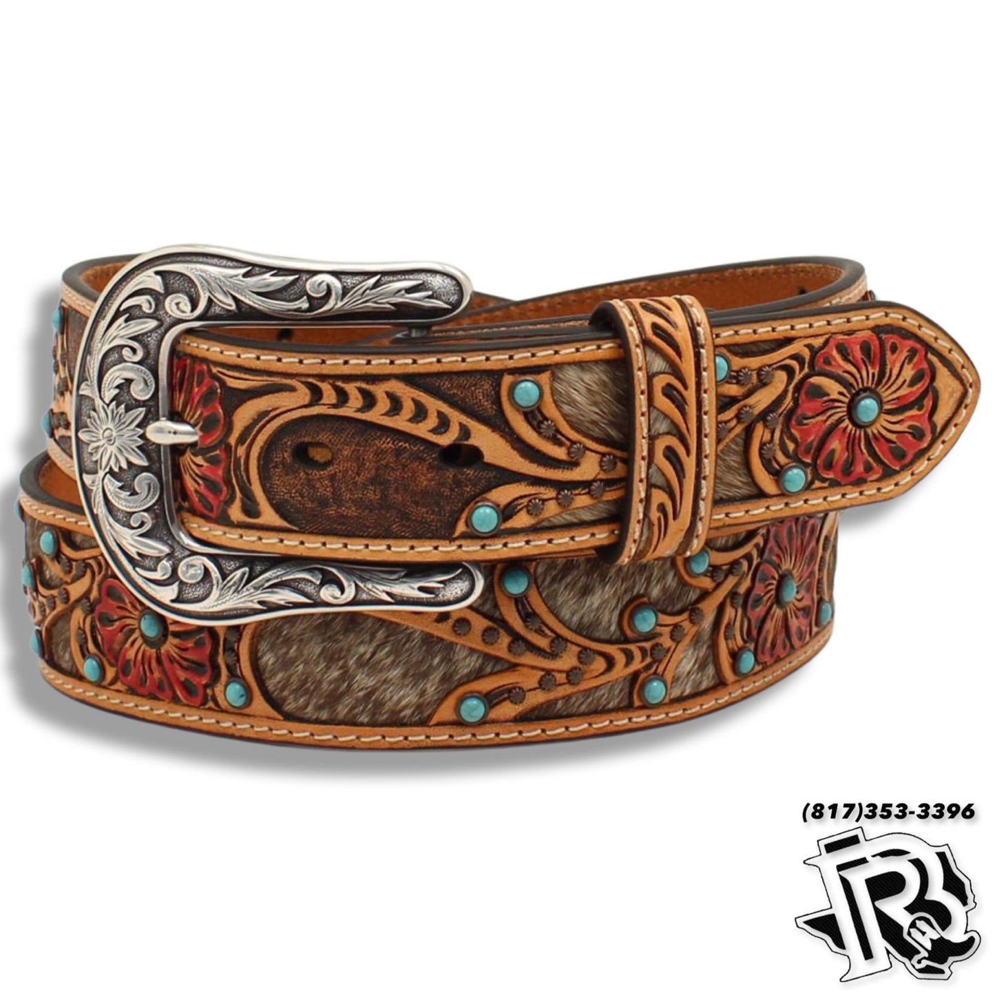 ARIAT | WOMENS BELT BELT 1 1/2 CALF HAIR UNDERLAY RED FLOWER TAN (A1533008)