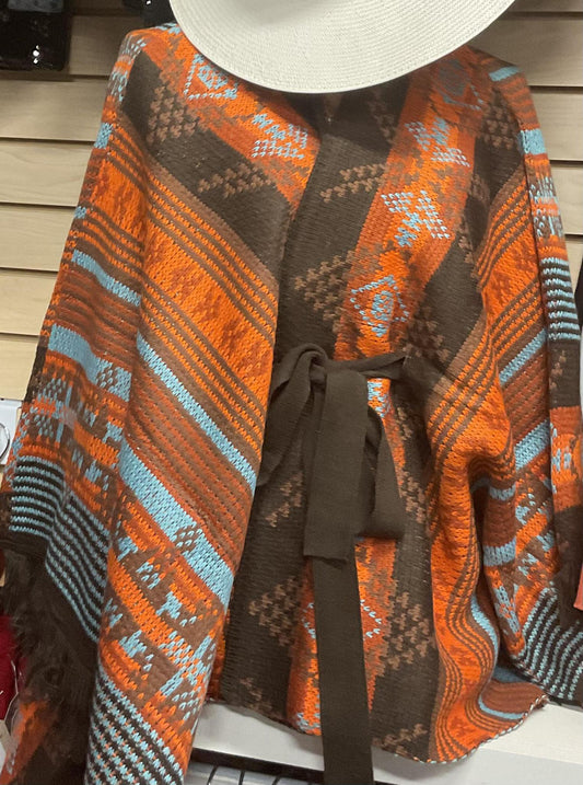 WOMENS PONCHO WITH BELT BURNT ORANGE ROCK & ROLL |RRWT95R04T2