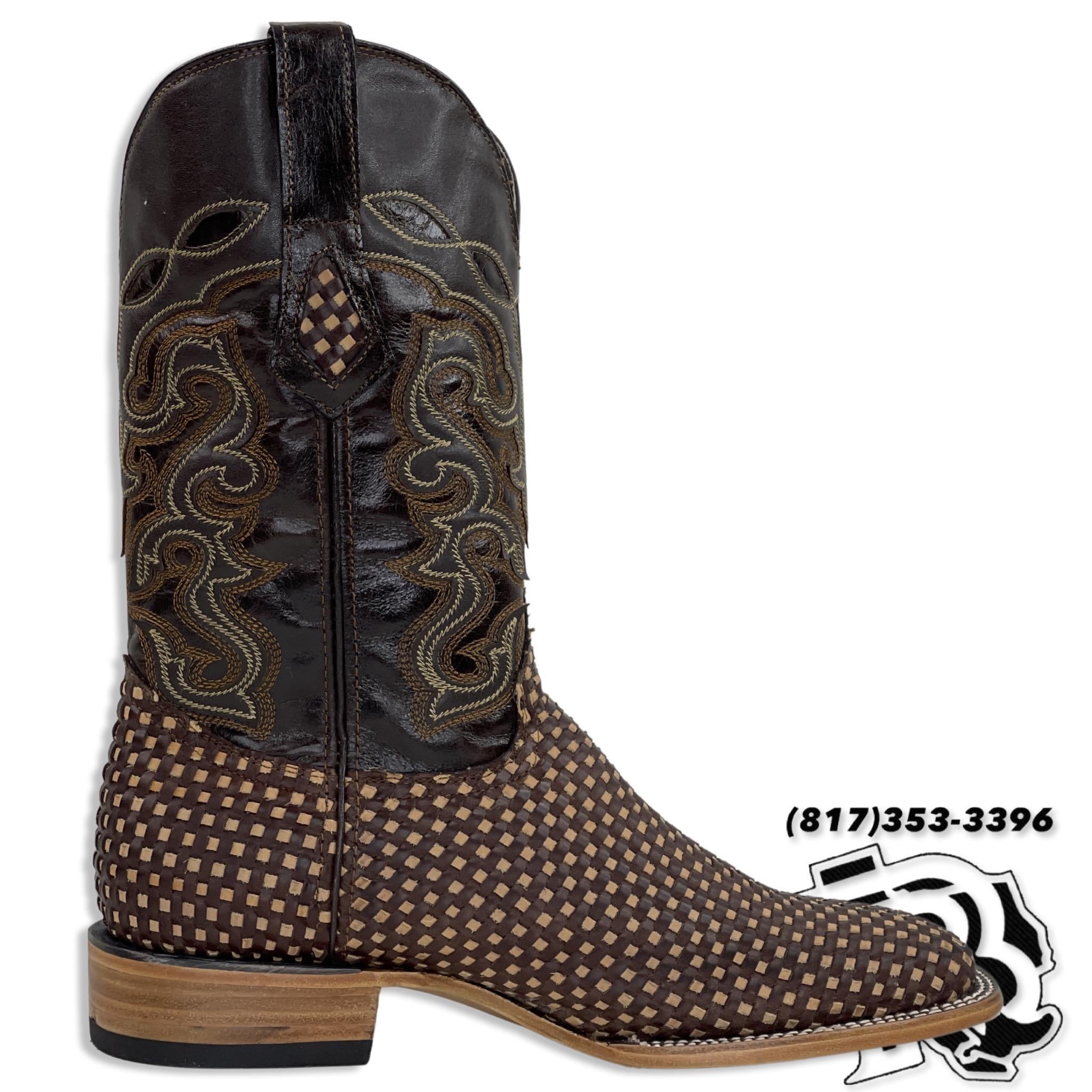 “ Grayson “ | Men Western Boots Dark Brown Weave Square Toe Leather