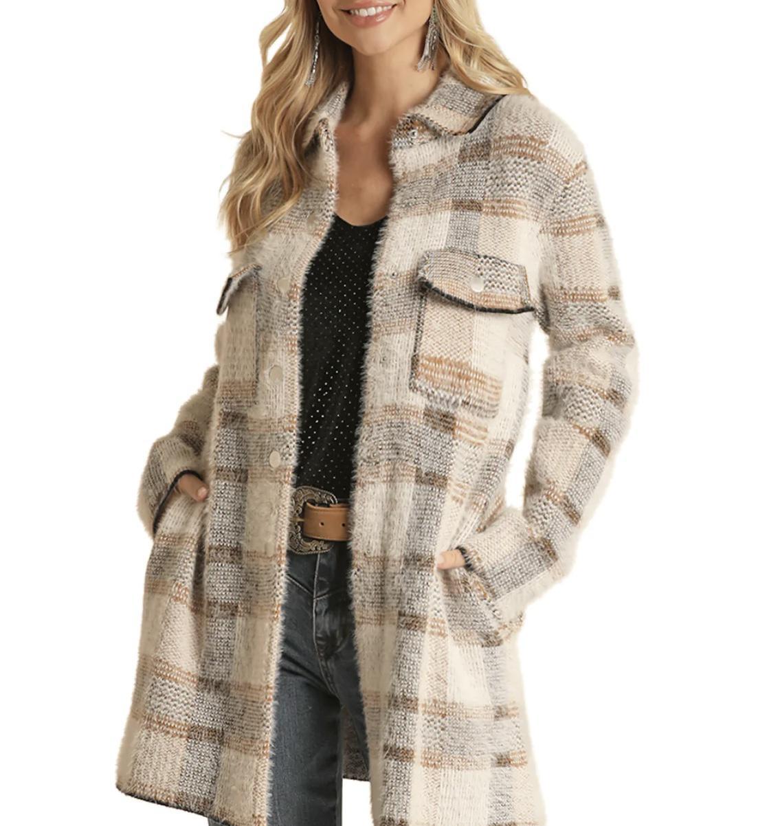 Rock & Roll Cowgirl Women's Cream Plaid Sweater Coat