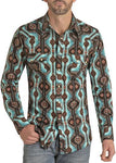 MENS SLIM FIT BROWN AND TURQUOISE AZTEC PRINT SNAP SHIRT ROCK & ROLL| RRMSOSRZ14