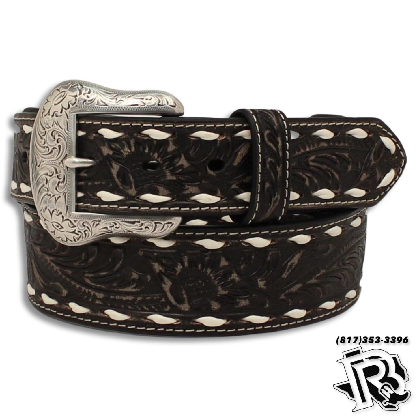 NOCONA MENS BELT FLORAL EMBOSSED DISTRESSED BLACK N210005101 FINAL SALE