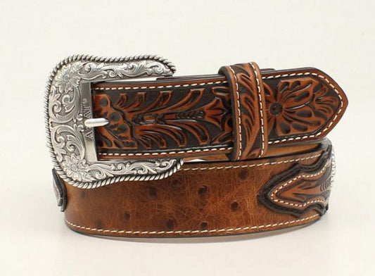 Ariat  Men's Ostrich Embossed Tabs Belt, Brown, |A1024402