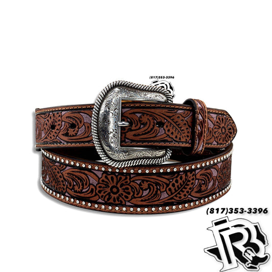 “ Isaac “ | MENS WESTERN BELT LIGHT BLUE FLORAL SILVER STUDS BROWN N210004802