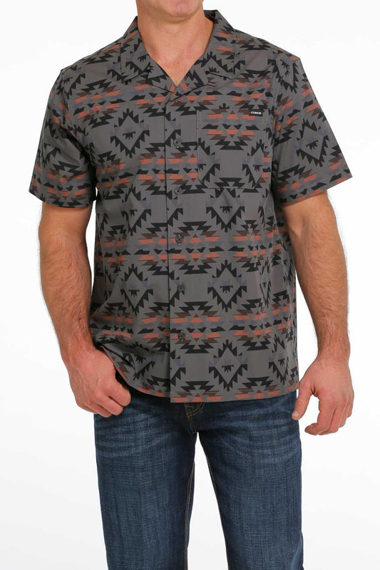 MEN'S SOUTHWESTERN PRINT SHORT SLEEVE CAMP SHIRT - BLACK / GRAY / COPPER