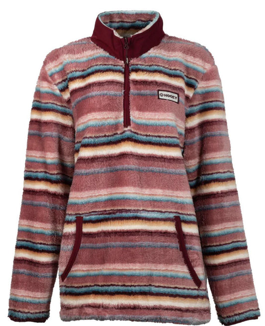 HOOEY YOUTH LADIES PINK STRIPE FLEECE PULLOVER WITH BURGANDY COLLAR |HFP006PKST-Y