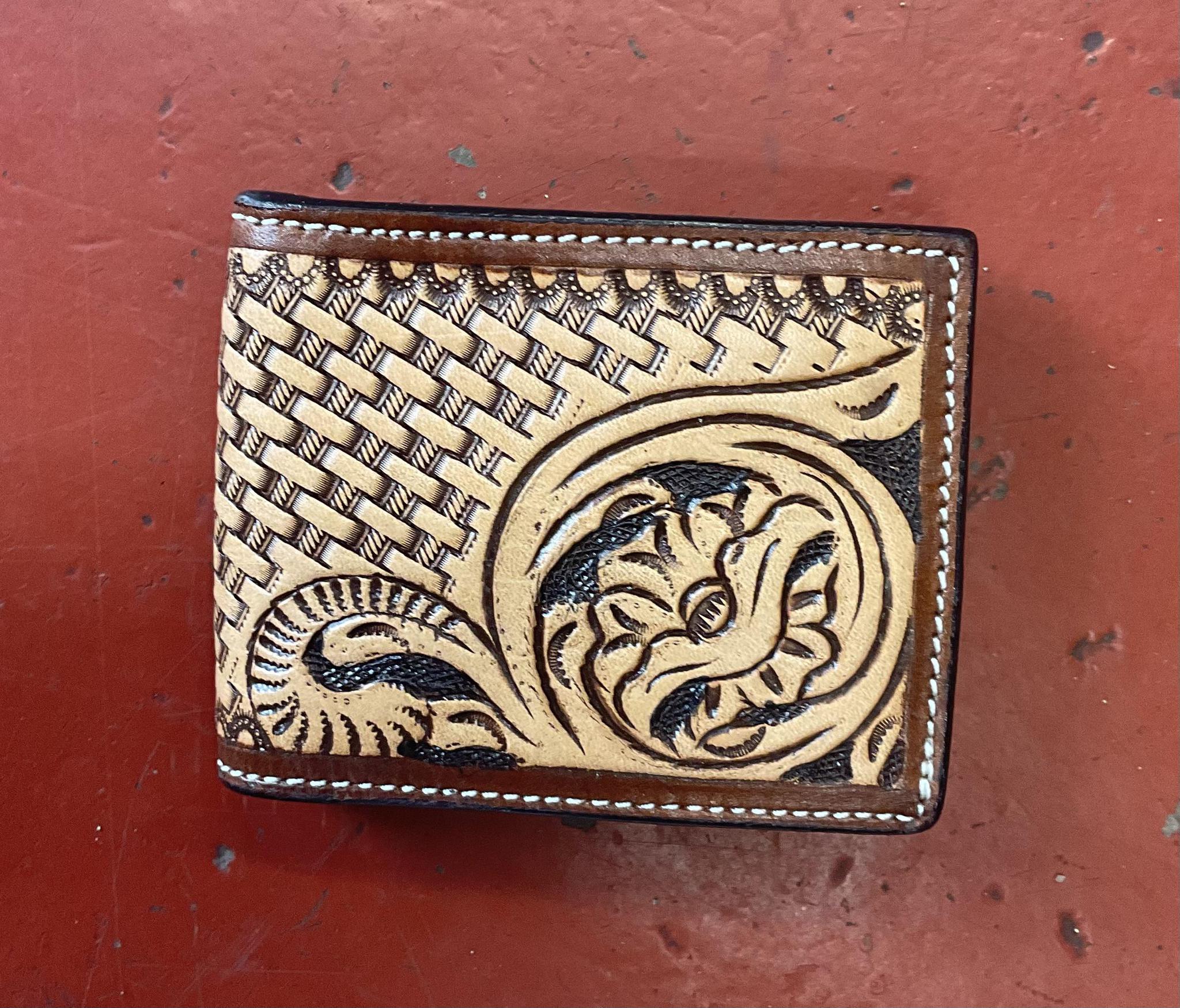 H-306B  WALLET BIFOLD BASKET WEAVE AND FLORAL TOOLED TAN COGNAC BORDER