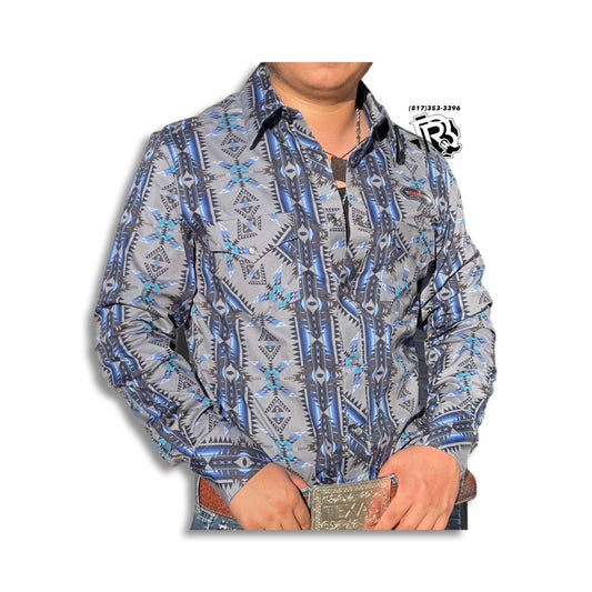 “ Legend “ | Men Western Long Sleeve Western Shirt Aztec Blue Grey RRMS1SRZ7Y