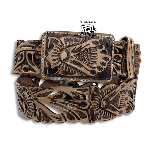 “ CHRIS “  | MEN WESTERN BELT LIGHT BROWN TOOLED LEATHER