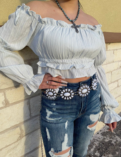 CASANDRA BLUE OFF SHOULDER TOP | HF22E115