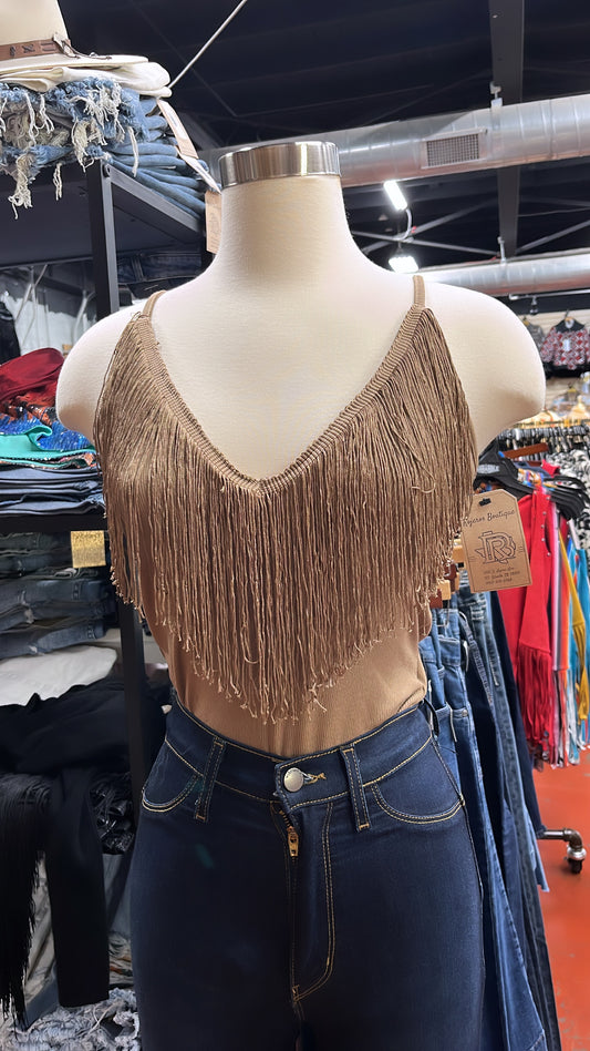 ABI KHAKI FRINGE BODYSUIT