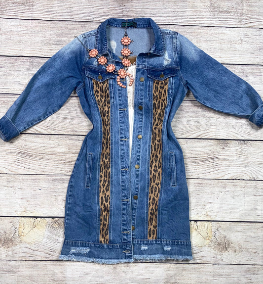 leopard  Long jean jacket