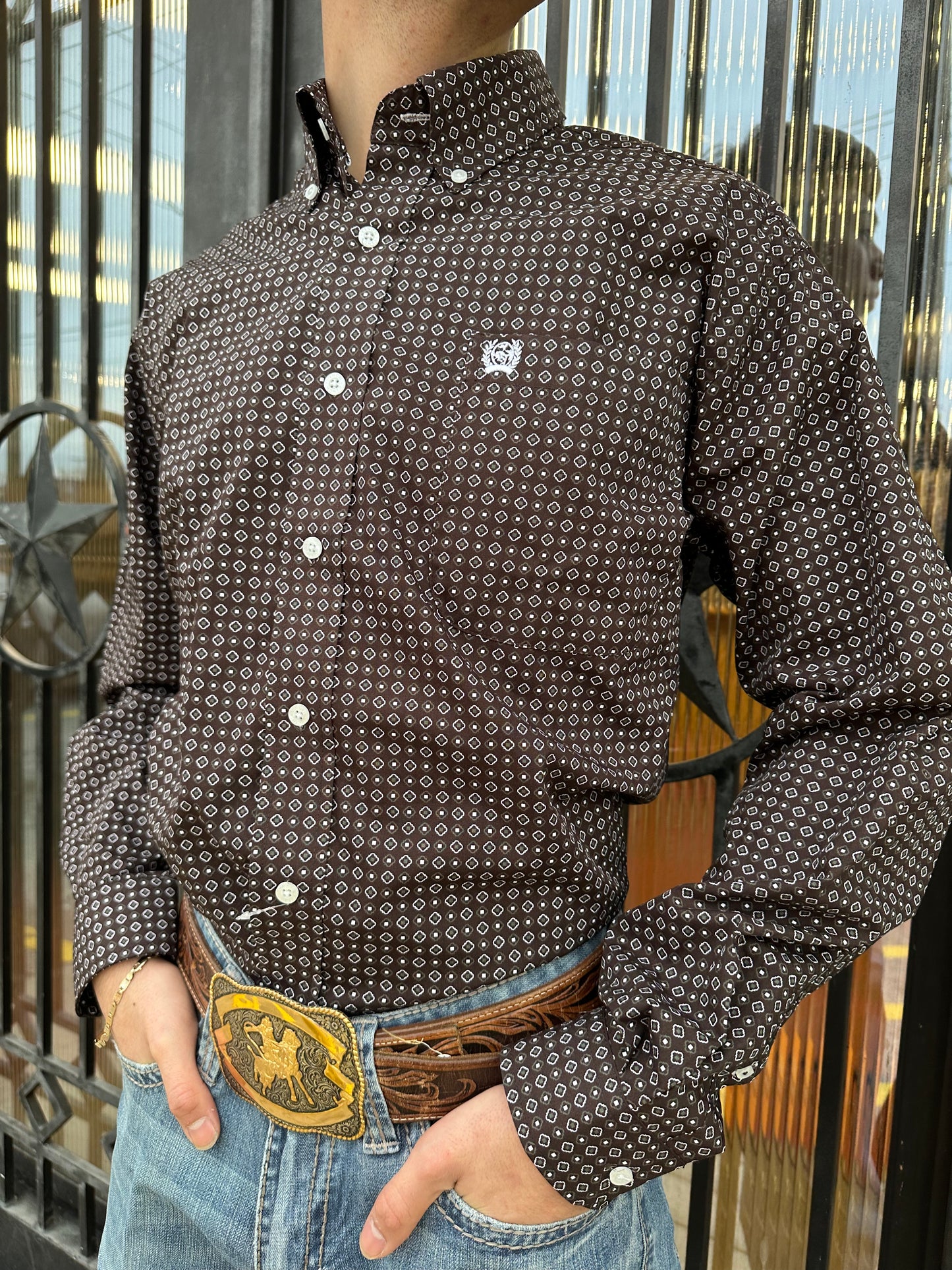 MEN'S GEOMETRIC PRINT BUTTON-DOWN WESTERN SHIRT - BROW CINCH | MTW1105487