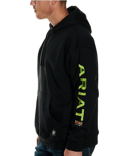 ARIAT MEN'S REBAR BLACK WITH LIME GREEN LOGO PULLOVER HOODIE (10032993)