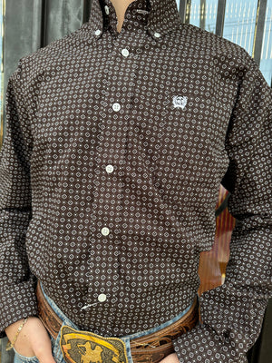 MEN'S GEOMETRIC PRINT BUTTON-DOWN WESTERN SHIRT - BROW CINCH | MTW1105487