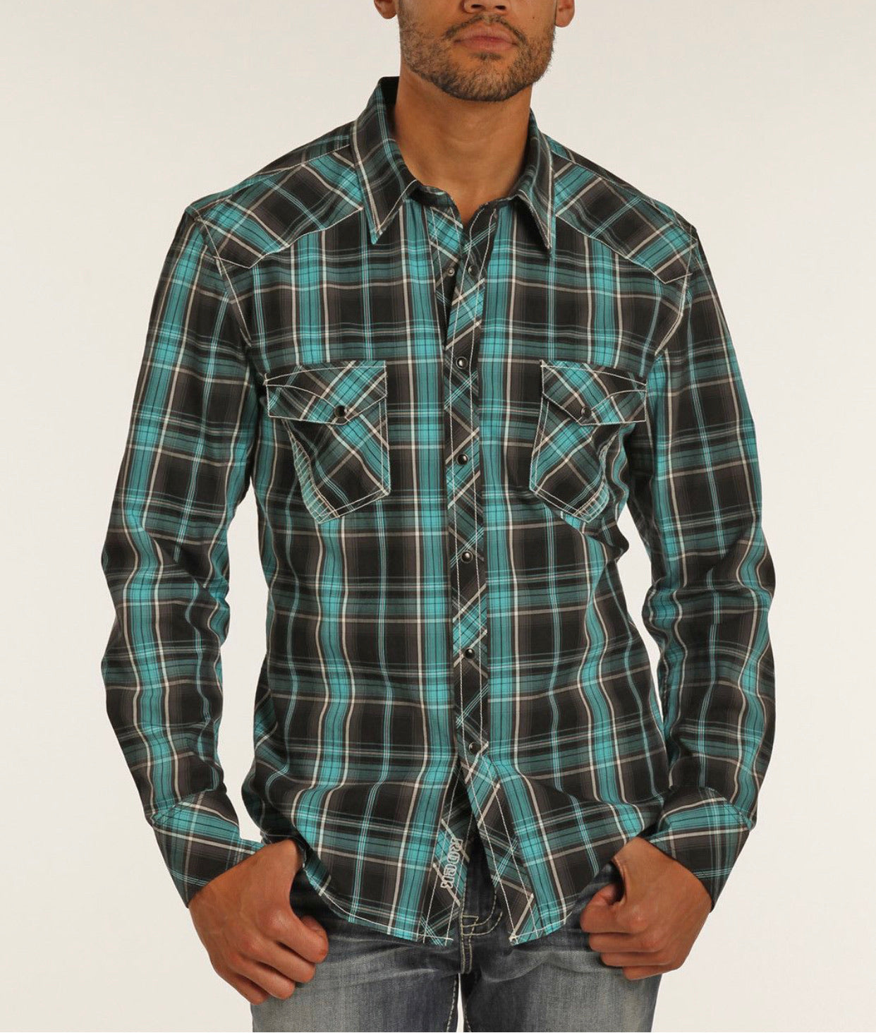 Rock & Roll Cowboy Men's Long Sleeve Green Plaid Western Snap Shirt B2S2064