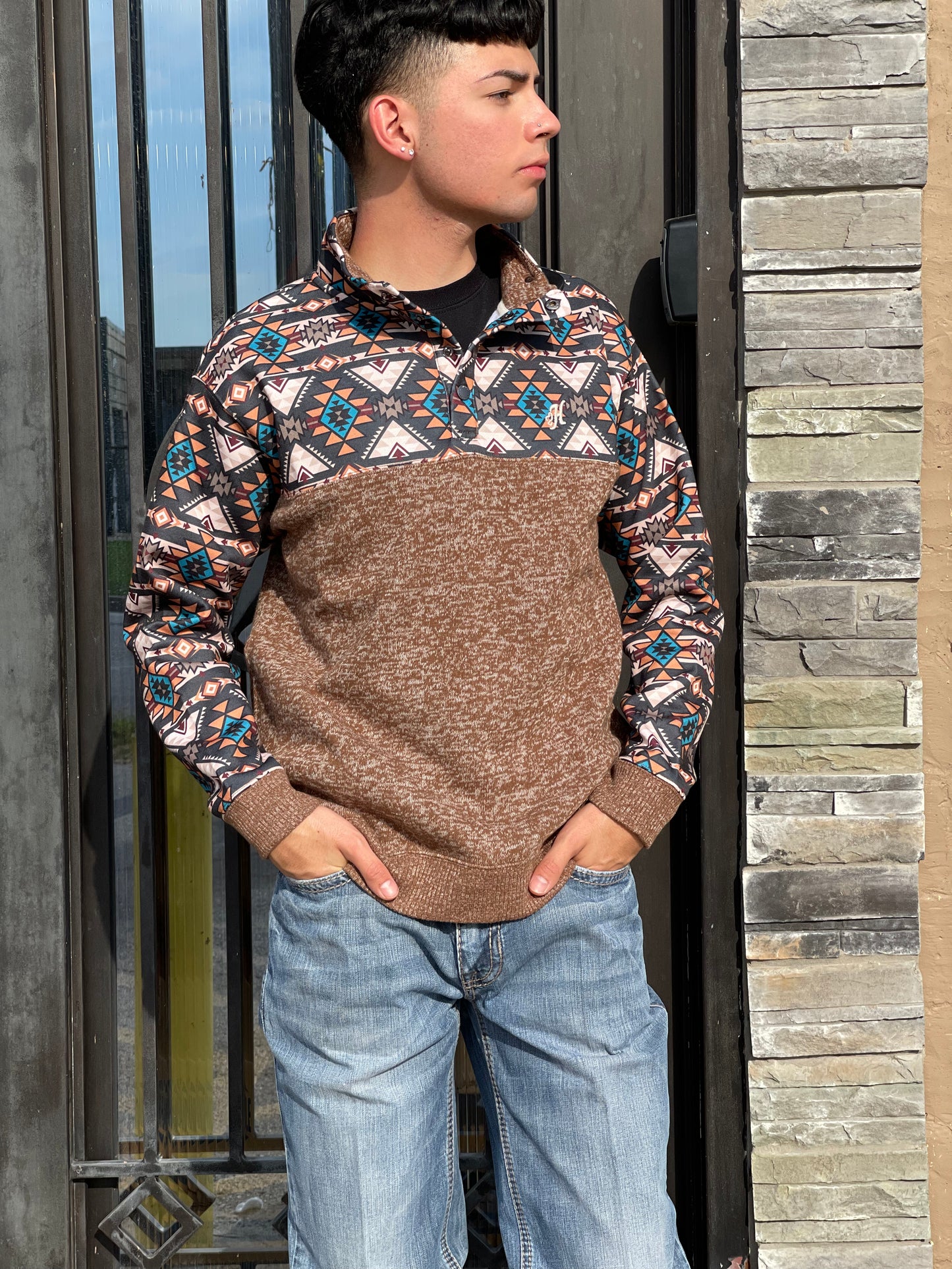 “ Stevie ” | Tan Pullover with Brown Tan Aztec Pattern