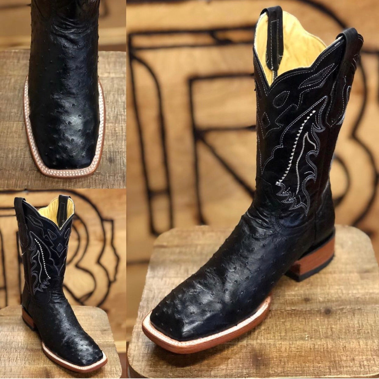 Original Ostrich Boots Black Men Western Square Toe Boots Arango Botas Rojero