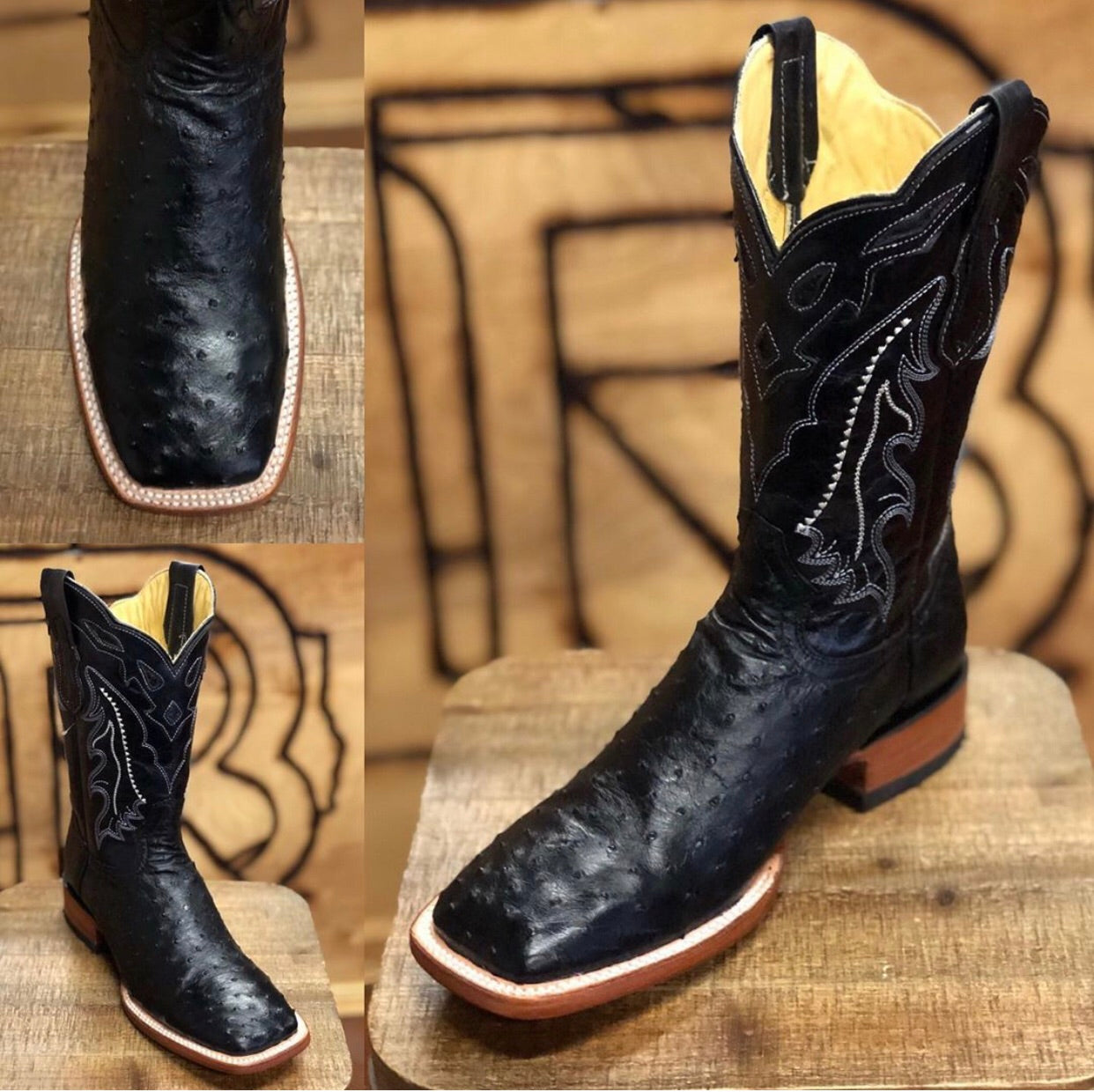 Real Ostrich Chunky Boot In Tobacco Dark Brown With Metal Plate On Toe 42/8
